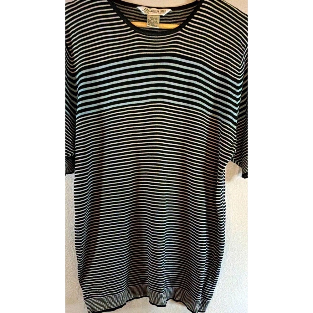 Austin Reed Women's 1X Black/White Striped Silk Ribbed Knit Crew Pullover